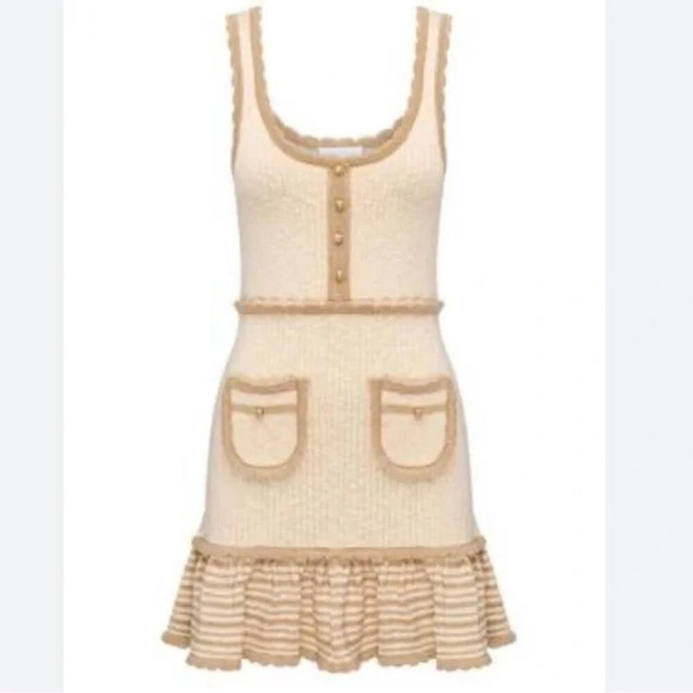 Alice McCall Heaven Help Knit Mini Dress Button Pocket Ruffle Trim 2 Cream - Picture 2 of 10